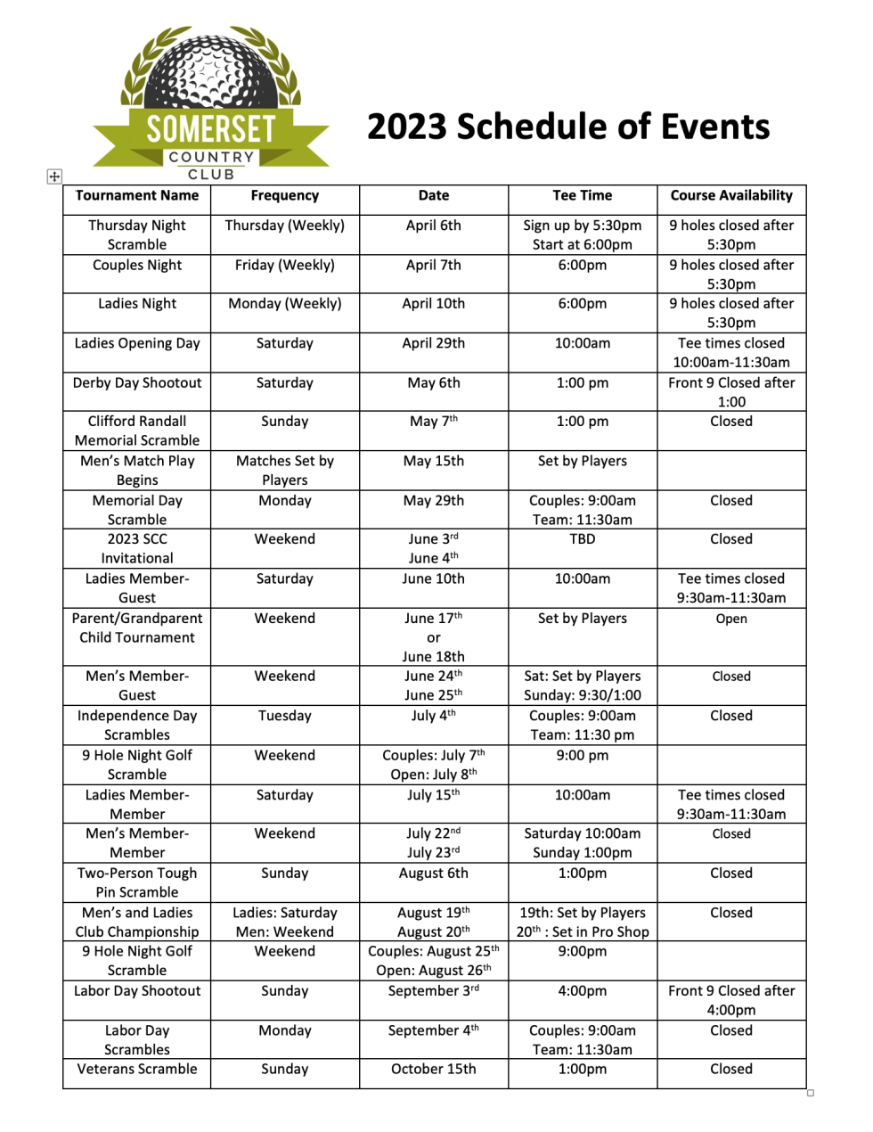 SCC Tournament Schedule Somerset Country Club