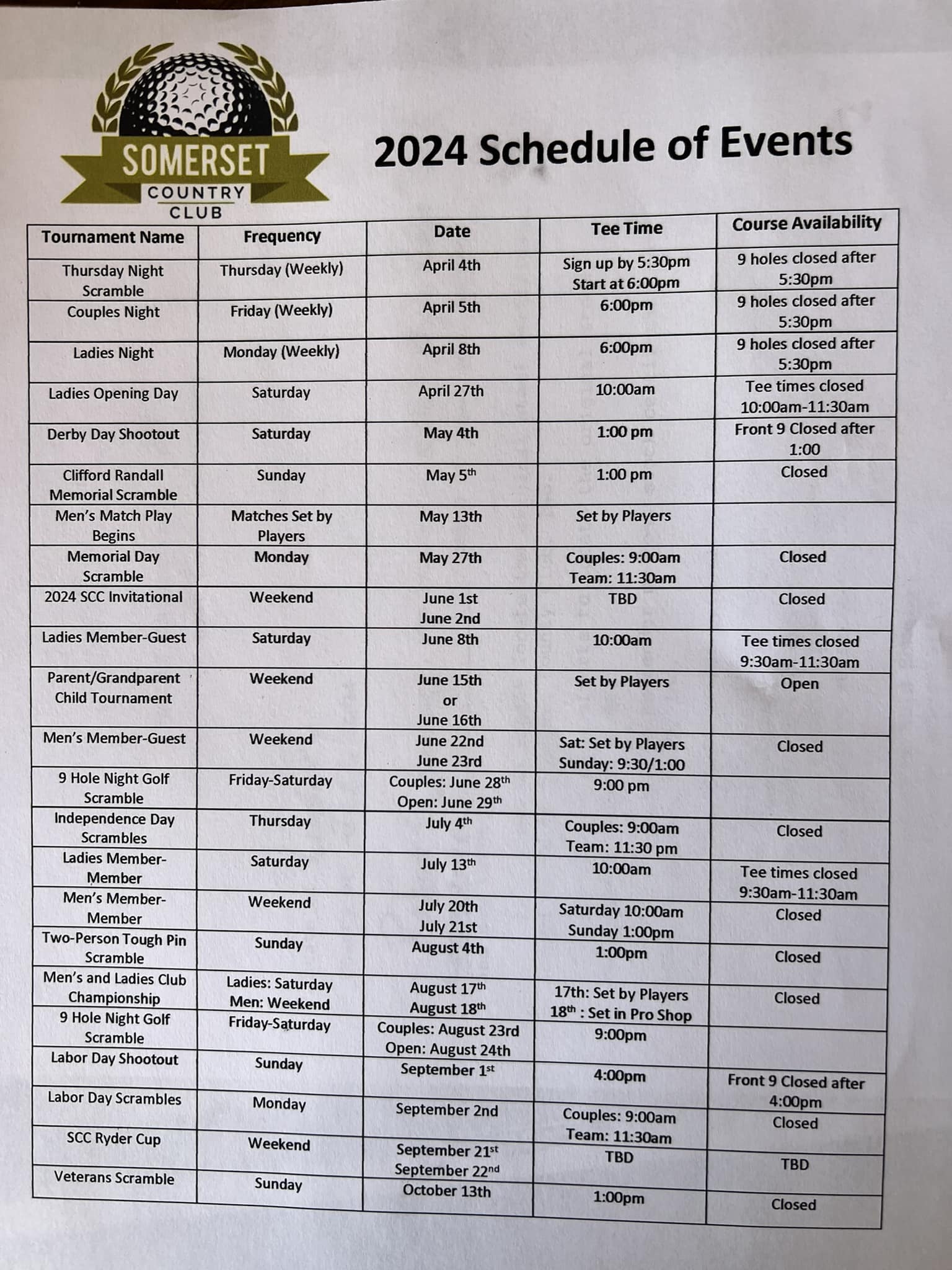 SCC Tournament Schedule | Somerset Country Club